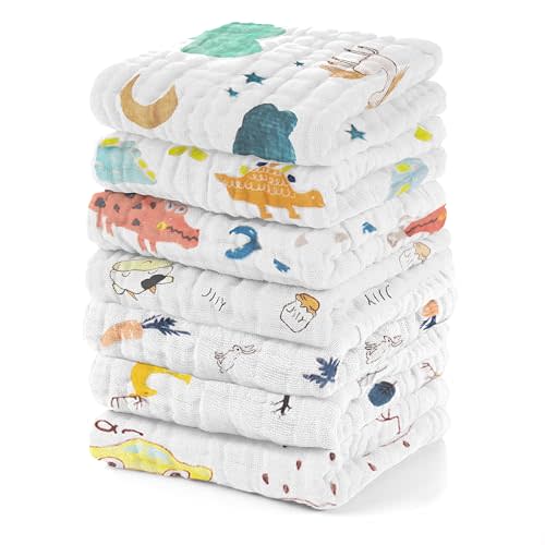 EMSAAG Muslin Baby Washcloths Pack of 7-Soft Sweat Cloths for Newborn,Absorbent Baby Bath and Face Towels,100% Cotton Baby Wipes,Burp Cloths,Feeding Towels for Babies and Infants,Mix Pattern-10 x 10’’