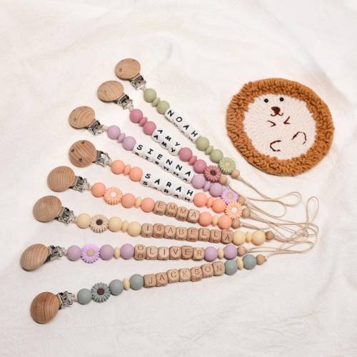 Personalized Pacifier Clip with Flower, Custom Dummy Holder, Dummy Clip, Soother Clip, Silicone/Wooden Name, Pacifier Chain for Newborn Gift