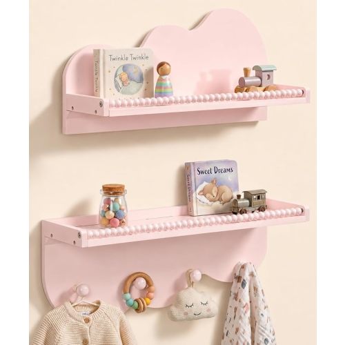Nursery Book Shelves, Pine Wood Nursery Floating Shelf, Wall Mounted Floating Bookshelves for Baby, Scalloped Shelves for Kids Toddler Children Room Storage and Decor, Set of 2 (Pink)