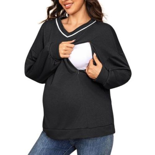 INSPIRE CHIC Maternity V Neck Sweatshirt Long Sleeve Top With Side Zipper X-Large Black