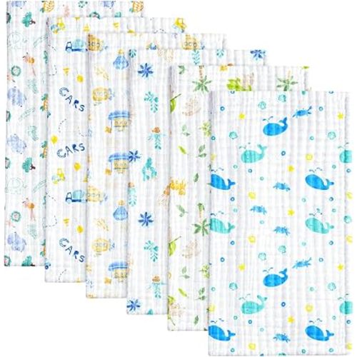 6 Pack Baby Muslin Burp Cloths - 20" x 10" Cotton Burp Rags 6 Layers Muslin Cloth Absorbent Ultra-Soft Burping Cloths Feeding Gifts for Newborns Boys Cute Animal