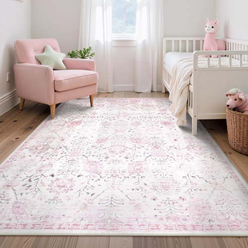 Pink Boho Area Rug for Nursery, 5x7 Washable Pink Rugs for Bedroom Room Living Room, Floral Pastel Carpet Non Slip for Classroom Playroom Dorm, Bedroom Decor
