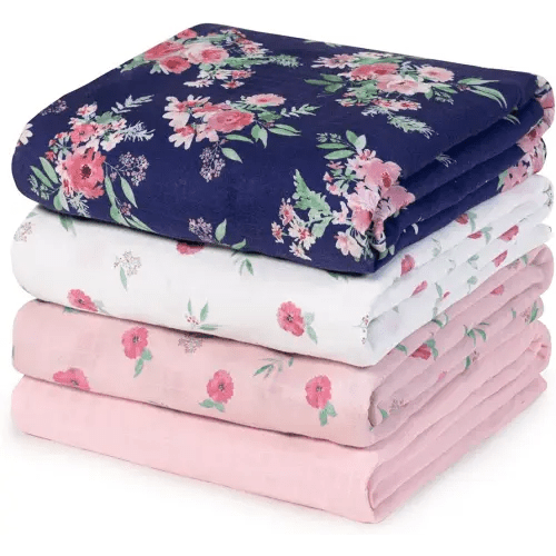 david's kids 4 Pack Baby Muslin Swaddle Blankets,100% Cotton and Ultra Soft Breathable Receiving Blanket Wrap for Girls, New Born Essentials, Large 47 x 47 inches, Floral Flowers/Pink