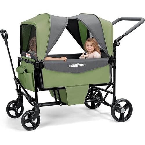 Stroller Wagon for 2 Kids with Canopy, Foldable All-Terrain Wagon Stroller with Adjustable Push/Pull Handle, Parent Organizer, 5-Point Harness, Ideal for Travel & Outdoor Adventures, Meadow Green