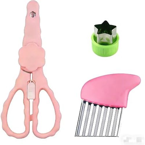 Bbay Food Scissors with Crinkle Cutter, Baby Eating Essentials, Stainless Steel Shears/Wavy Cutter, Pink