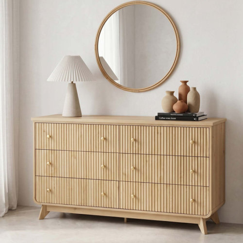 George Oliver 55" Fluted 6-drawer Dresser, Wood Storage Dresser With Gold Knobs & Curved Base | Wayfair
