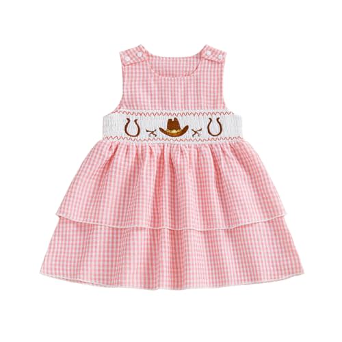 Toddler Girl Western Outfit Cowgirl Smocked Gingham Ruffle Dress | Western Smocked Dress with Cowgirl Hat Embroidery, Plaid Print, and Tiered Ruffles, Perfect for Rodeo Event