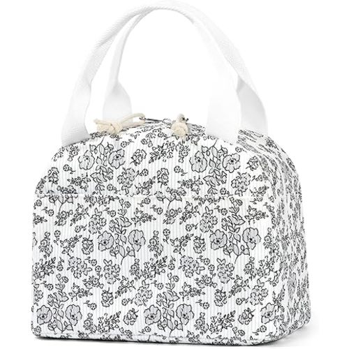 Lunch Bag - Insulated Lunch Box for Women, Reusable Large Capacity Cooler Bag for Adult, Small Leakproof Cute Corduroy Lunch Tote for Work Office Travel Picnic (Corduroy White-Floral)