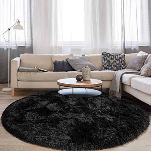 FlyDOIT Black Round Rug for Bedroom, Super Fluffy Circle Rugs for Baby Nursery, 5'X5' Feet Furry Carpet for Children Kids Room, Cute Soft Shaggy Rug for Girls Home Decor, Fuzzy Plush Carpets for Dorm