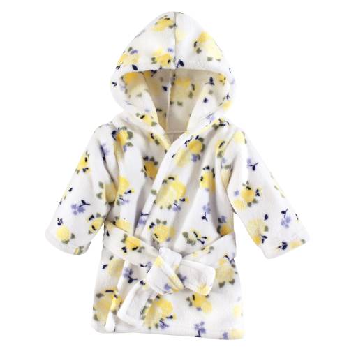 Luvable Friends Baby Girl Plush Bathrobe, Yellow Floral, 0-9 Months - Yellow Floral - 0-9 Months