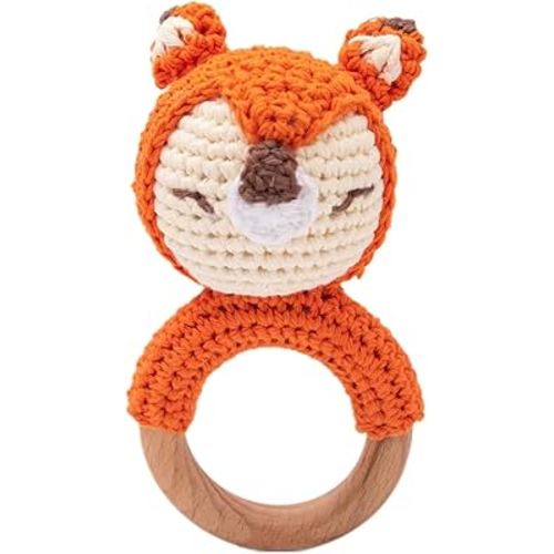 Handcrafted Animal Rattle – Soft Crocheted Toys with Wooden Teether, BPA-Free Animal Rattles in Cotton & Safe Natural Materials (Fox)
