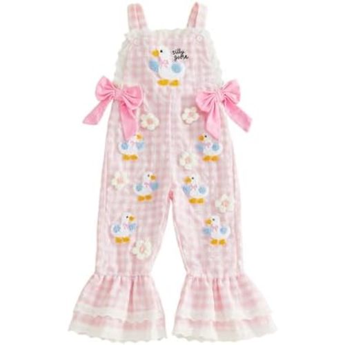 Adobabirl Toddler Baby Girl Overalls Goose Embroidery Sleeveless Strap Bell Bottom Romper Jumpsuit Flare Pants Cute Clothes