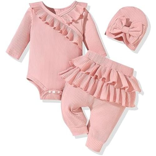 fioukiay Preemie Newborn Baby Girl Clothes Infant Girl Solid Ribbed Outfits Ruffle Romper and Pants 3PC Clothing Sets