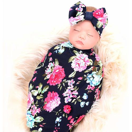 Newborn Receiving Blanket Headband Set Flower Print Baby Swaddle Receiving Blankets Galabloomer