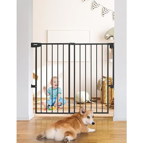 Babelio 34" Tall No Bottom Bar Baby/Dog Gate for Stairs, House and Doorways, 29.7-46.5" Auto Close Safety Pet Gates with Large Walk Thru Door, Hardware Mount, Black