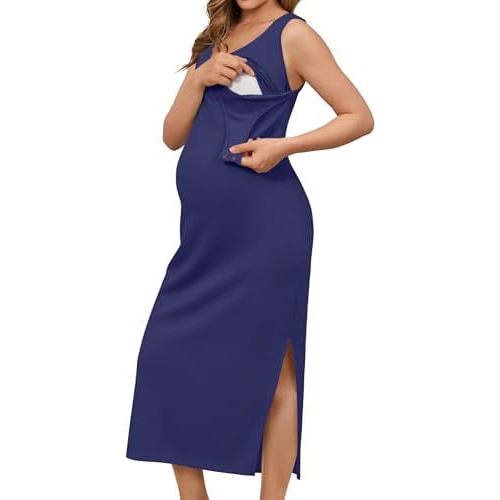 OUGES Womens 2026 Summer Maternity Nursing Dress Split Midi Sleeveless Breastfeeding Dress Scoop Neck Pregnancy Clothes