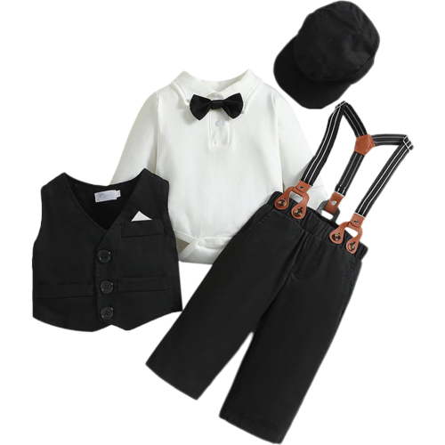FYMNSI Baby Boy Suit Gentleman Outfit Clothes Set Infant Tuxedo Long Sleeve Dress Shirt+Vest+Suspender Pants+Bowtie+Beret Hat 6-12 Months Black