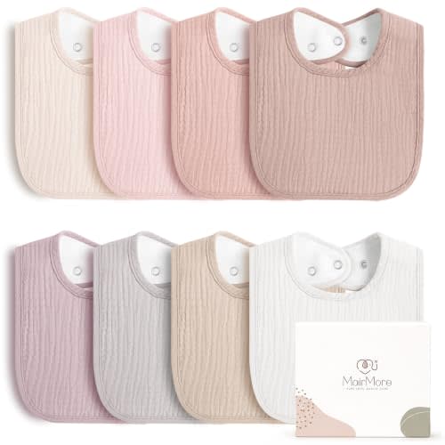 MairMore Muslin Baby Bibs, Drool Bibs for Boys and Girls, 8-Pack | Adjustable Snaps, Cotton Front Soft Fleece Back, Baby Bibs for Drooling & Teething, for Newborn, Toddler Aged 0-36 Months
