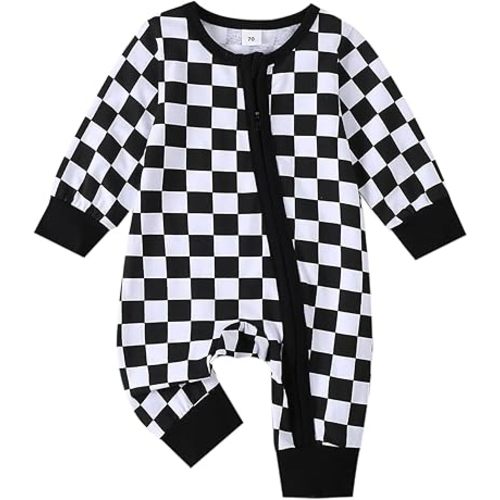 Nibbcoa Newborn Boy Outfits Checkered Jumpsuit Long Sleeve Zipper Romper Plaid Bodysuit Fall Winter One Piece Outfit