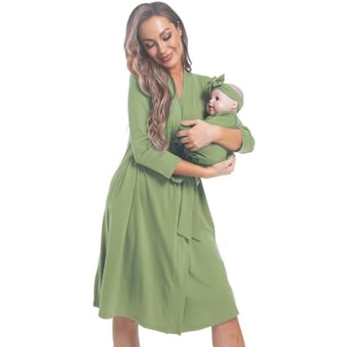 Maternity Robe with Matching Swaddle Set Girls Boys, Mommy Me Robe Set Soft Elastic Women Robes