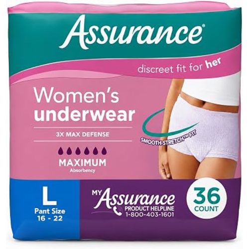Assurance Women's Maximum Absorbency Incontinence & Postpartum Underwear, Large 36 Counts