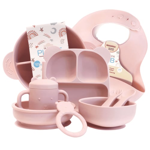 Beille 9pc Pink Silicone Baby Feeding Set Suction Plates Teether Sippy Cup Bowls