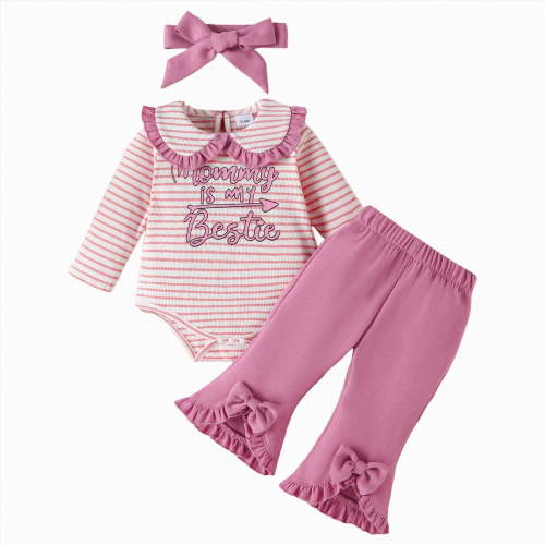 NOLDARES Baby Girl Clothes Newborn Infant Fall Outfit Romper Winter Pant Set Headband 3 Pcs Clothes for Girl(Pink,3-6 M)