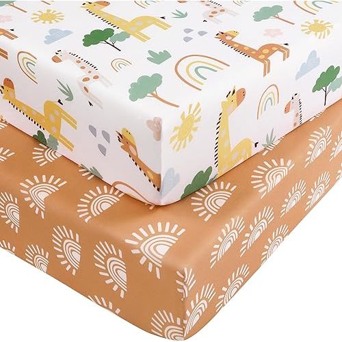 Pack and Play Sheets for Boys Girls, 38" x 26" Mini Crib Sheets Fitted for Pack n Play Mattress, Soft Breathable Playard Sheets, 2-Pack Khaki Giraffe