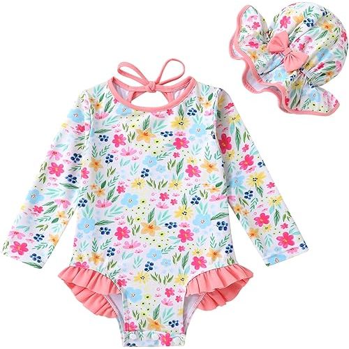 YOUNGER TREE Infant Baby Girls Swimsuit Long Sleeve Swimsuits One Piece Swimsuit Solid Color Bathing Suit with Hat, UPF 50+