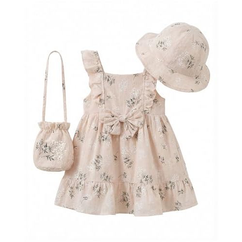 Baby Girl Dress Toddler Floral Cotton Boho Summer 6m 12m 18m 24m 2t | Breathable Lining, Zipper-Free, Ruffle Vintage With Hat & Bag, For Beach Hawaii Sundress