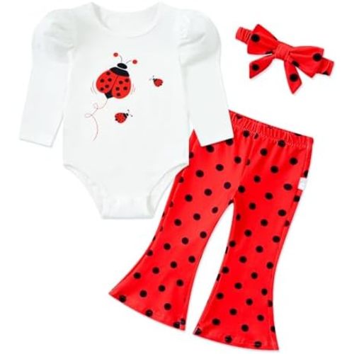 Baby Girl Romper Set and Bell Bottom Pant with Bow Headband Infant Fall Outfit 6-18 Month