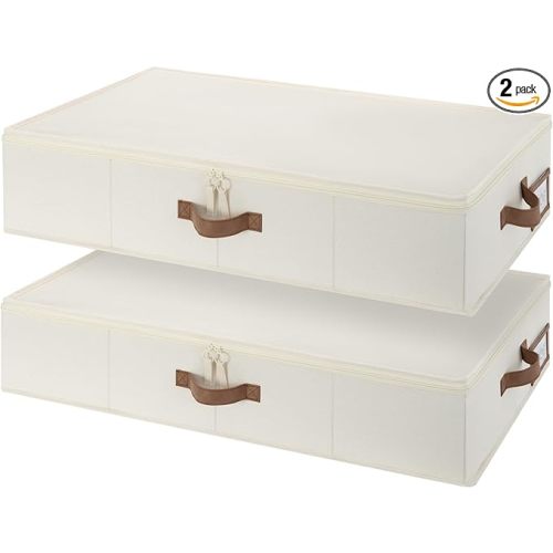 StorageWorks Underbed Storage Containers with Lids, 2-Pack 6" Low Profile Under Bed Organizers for Clothes, Bedding and Sweaters, 53L Large Fabric Storage Bins, Foldable Space Saving, Beige