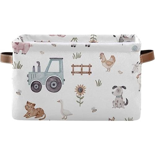 Maunzc Cute Farm Animals Storage Bins Collapsible Storage Basket with Metal Frame, Fabric Shelves Bins Closet Baskets with Handles, 2-Pack