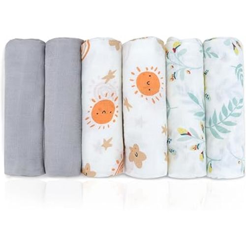Baby Muslin Swaddle Blankets Cotton Receiving Blanket Newborn Squares Breathable Soft Thin Baby Blankets Cloths Double Absorbent Infant Swaddling Wrap - 6 Pack (Sun)