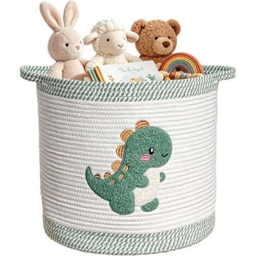 Cute Nursery Bin, Baby Toy Organizer (13.8"x13.8"), Storage Basket for Organizing, Woven Rope Basket for Shelves, Cute Baskets with Handle for Nursery, Playroom (Dinosaur, Large)