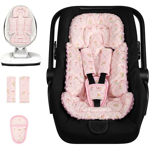 Infant Car Seat Insert with 3 Strap Covers, Soft Car Seat Head Support for Baby Girls, Plush Fabric Newborn Insert for carseat, Strollers, Swings, Bouncer, Flower Bow