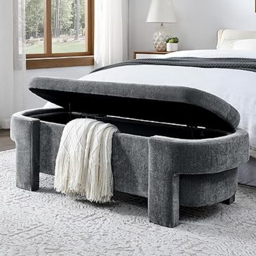 51.5" Oval Storage Bench End of Bed Storage Ottoman Benches Linen Fabric Upholstered Oversized Ottoman Bench with Large Storage Space for Living Room Entryway Bedroom Hallway Window Seating