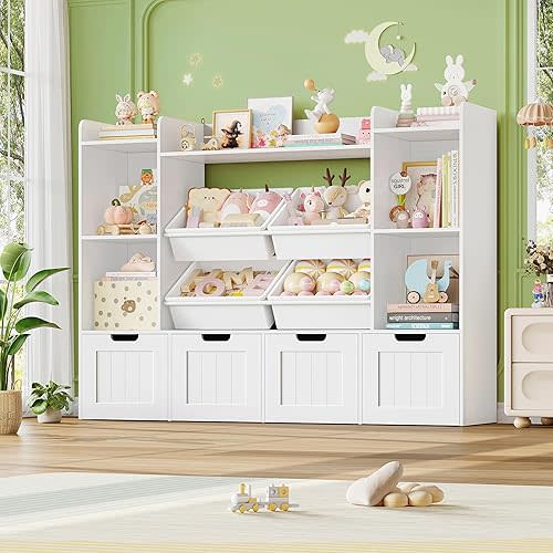 Toy Storage Organizer, Toy Organizer with 4 Movable Drawers and 4 Box Bins, Kids Playroom Storage Organization with Hidden Wheels for Living Room, Kids Room