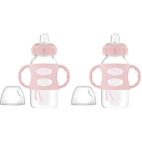 Dr. Brown's Milestones Wide-Neck Sippy Spout Bottle with 100% Silicone Handles, Easy-Grip Handles with Soft Sippy Spout, 9oz/270mL, Light-Pink, 2-Pack, 6m+