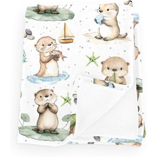 Cute Otters Leaves Starfish Boats Baby Blankets for Boy Girl Sea Otters Floral Shells Conch Flannel Fleece Blanket for Kids Infant Toddler Newborn Ocean Animal Blankets White 30x40inch