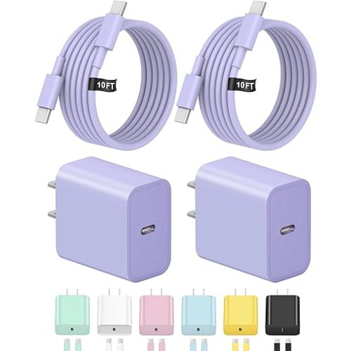 10FT iPhone 17 16 15 Charger Fast Charging USB C Charger Block Type C Chagrer Fast Charging 2-Pack for iPhone 17/17 Plus/17 Pro/17 Pro Max/iPhone 16/16 Plus/16 Pro/16 Pro Max/15/15 Pro Max(Purple)