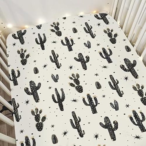 Minimalist Boho Cactus Baby Crib Sheets for Boy Girl 52"x28" Vintage Cactus Soft Stretchy Fitted Crib Mattress Cover Wild West Desert Plants Baby Sheet for Standard Crib and Toddler Bed Mattress