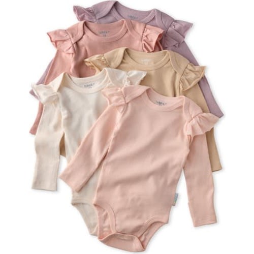 Ashley Ruffle Long Sleeve Organic Cotton 5-Pack Bodysuits, 3-6M