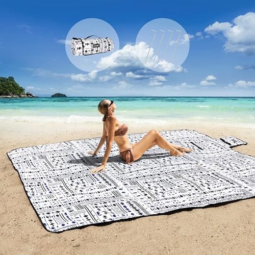 ZAZE Picnic Blankets Beach Blanket with Stakes, Thick 3-Layer Waterproof Sandproof 80 * 80 Oversized Mat, Foldable Extra Large Big, Machine Washable Accessories for Outdoor Camping Park (Black Blue)