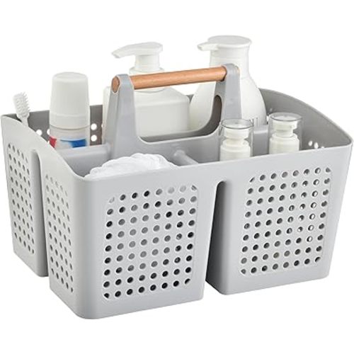 Portable Shower Caddy Basket with Compartments, Plastic Divided Cleaning Caddy Organizer Storage Tote with Handle for Bathroom, College, Dorm Room Essentials, Light Gray