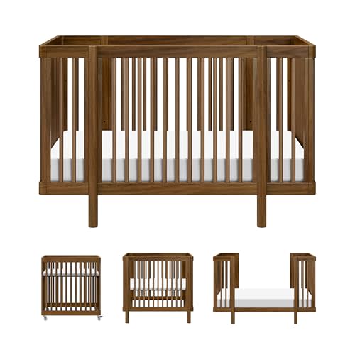 Babyletto Pogo Convertible All-Stages® Bassinet, Midi, Full-Size Crib in Natural Walnut, GREENGUARD Gold Certified, Portable & Adjustable with Conversion Kits and Pads Included