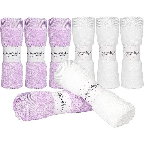 Sweet Child 8-Pack Baby Washcloths -Super Soft Rayon,Wash Cloths for Newborn,Infants and Kids, Bath Baby Towels, for Body and Face (Purple/White)