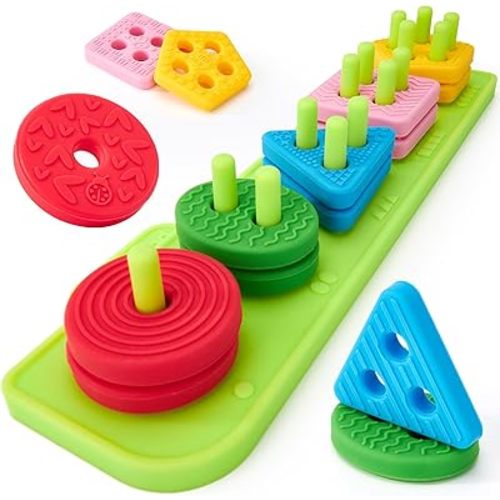 hahaland Toddler Toys 1-2 - Soft Textured Silicone Shape Color Sorting Stacking Toys, Sensory Blocks for Toddlers 1-3, Montessori Toys for 1 Year Old Boy Girl Gifts, Learning Baby Toys 1 Year Old