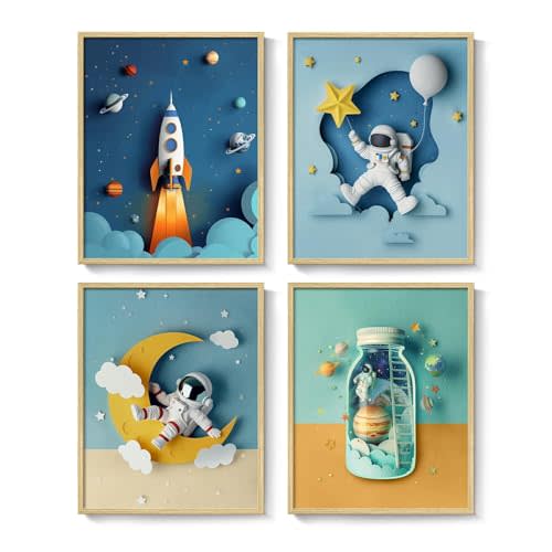 Framed Space Themed Bedroom Decor for Boys, 4 Piece Astronaut Rocket Canvas Wall Art Prints, Large Space Wall Art Decor for Kids Boys Room, 12x16 Inch