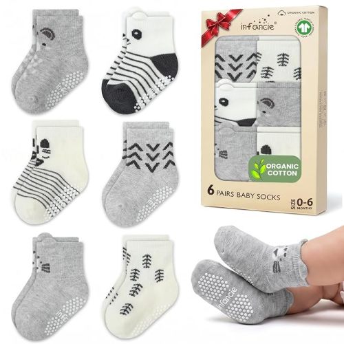GOTS Organic Cotton Blend 12 Pairs Infant Socks 0-6 M Boys Non Slip Shower
